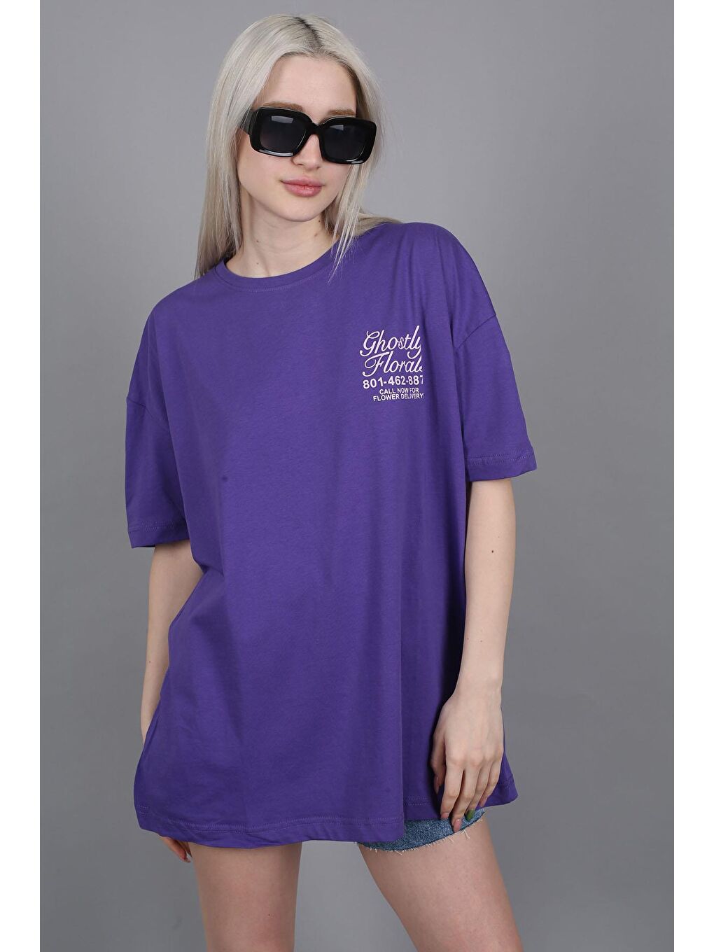 Mor Baskılı Oversize Tişört Mg1513