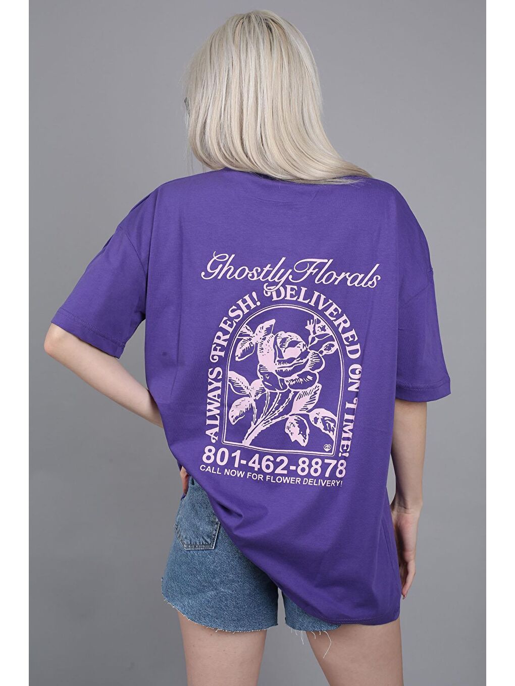 Mor Baskılı Oversize Tişört Mg1513-1