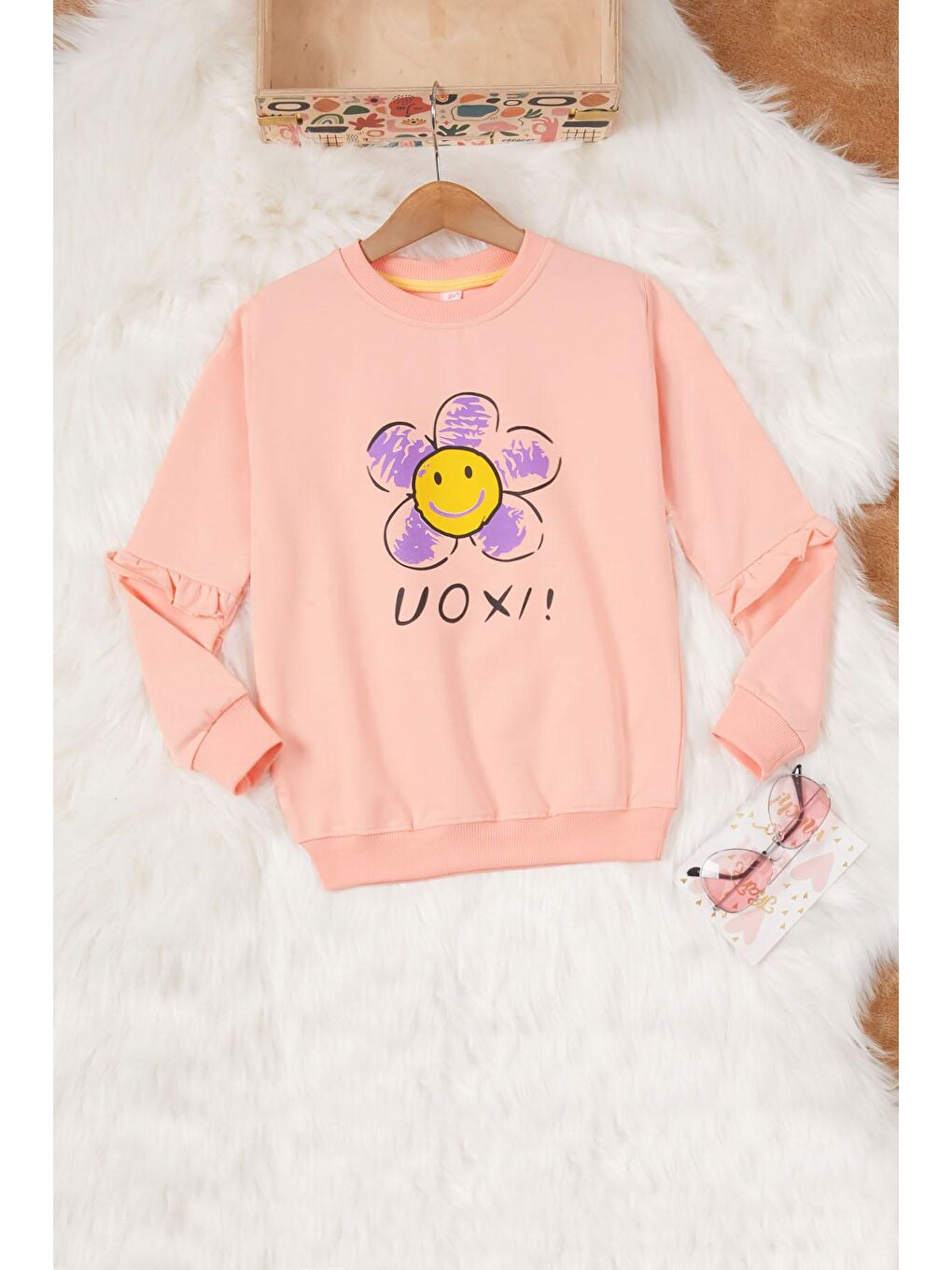 Pembe Somon Papatya Baskılı Kız Çocuk Sweatshirt 17014