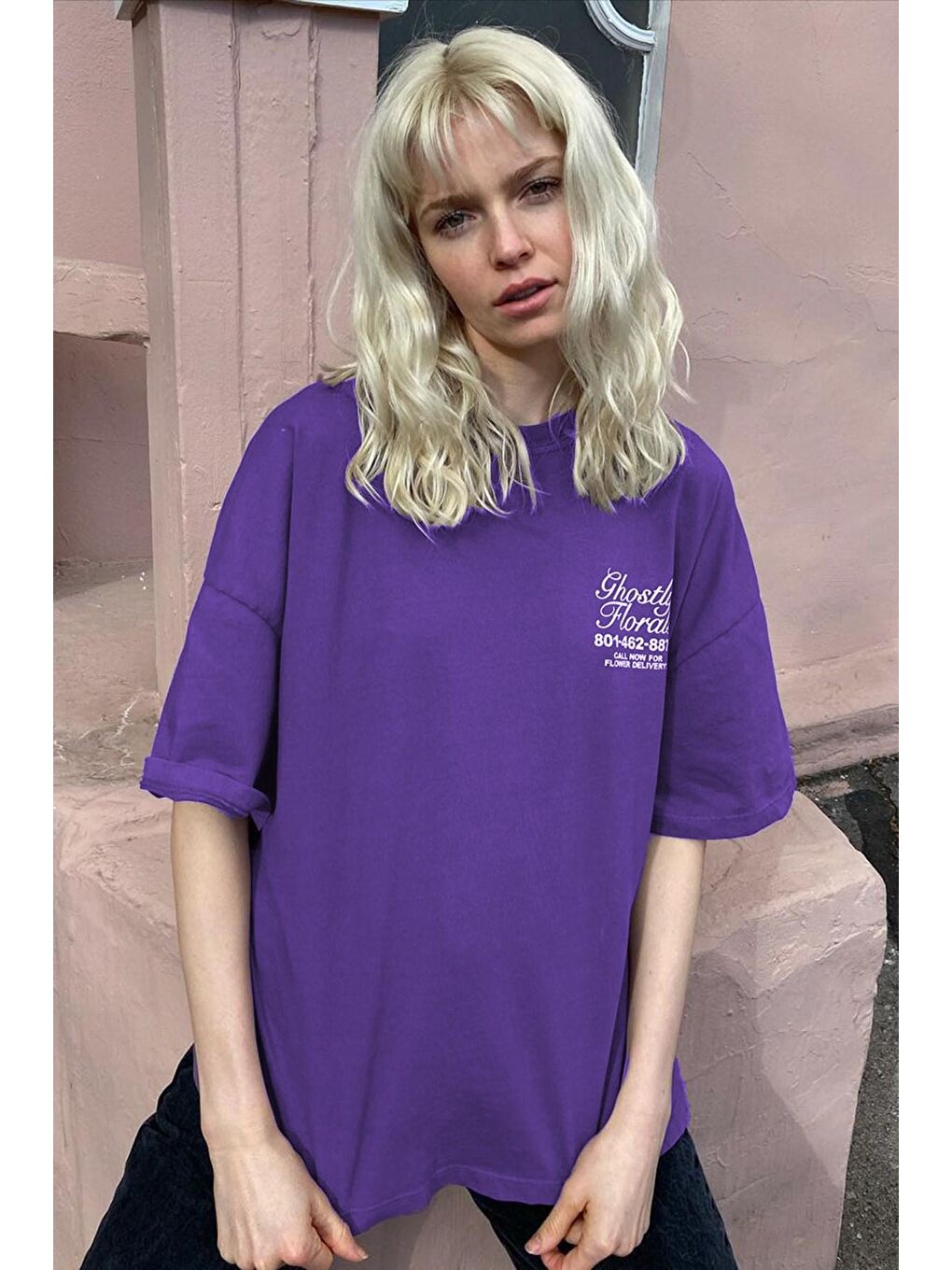 Mor Baskılı Oversize Tişört Mg1513-3