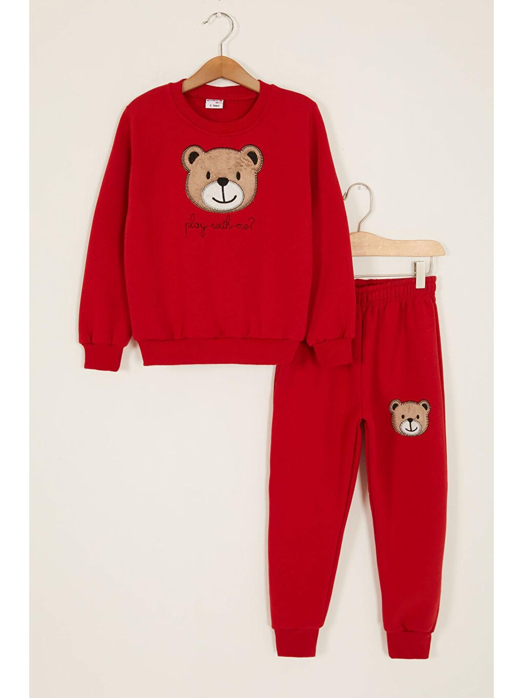 Kırmızı Erkek Çocuk Sevimli Ayıcık Temalı Şardonlu 3 İplik 2'li Takım