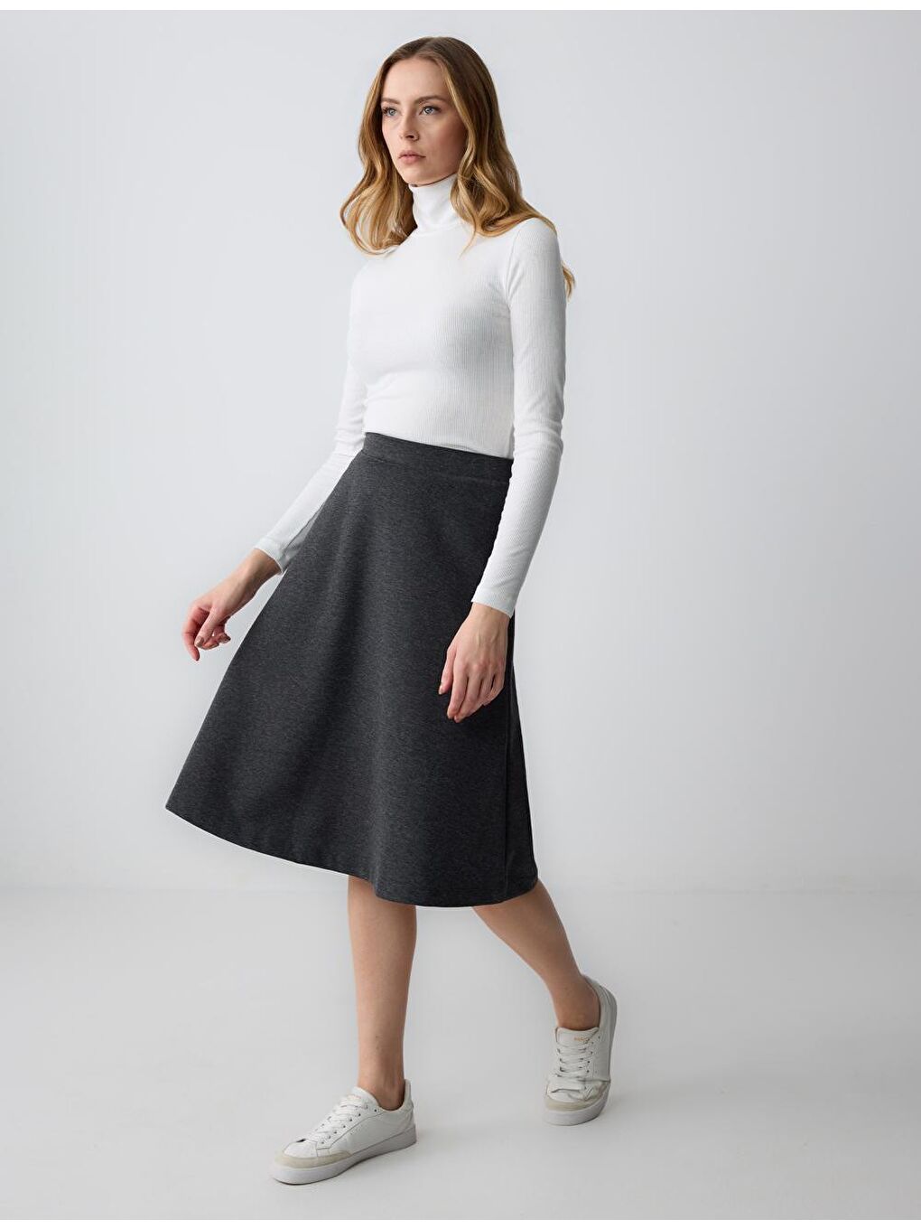 Antrasit Melanj Rahat Kesim Normal Bel Beli Lastikli Midi Etek-1