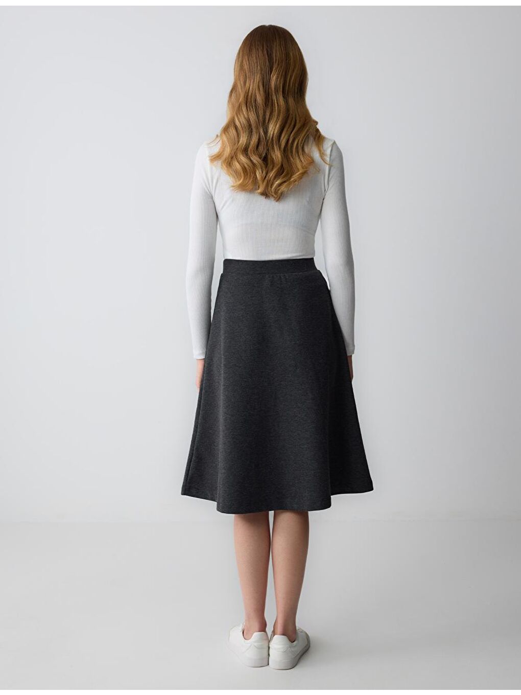 Antrasit Melanj Rahat Kesim Normal Bel Beli Lastikli Midi Etek-5