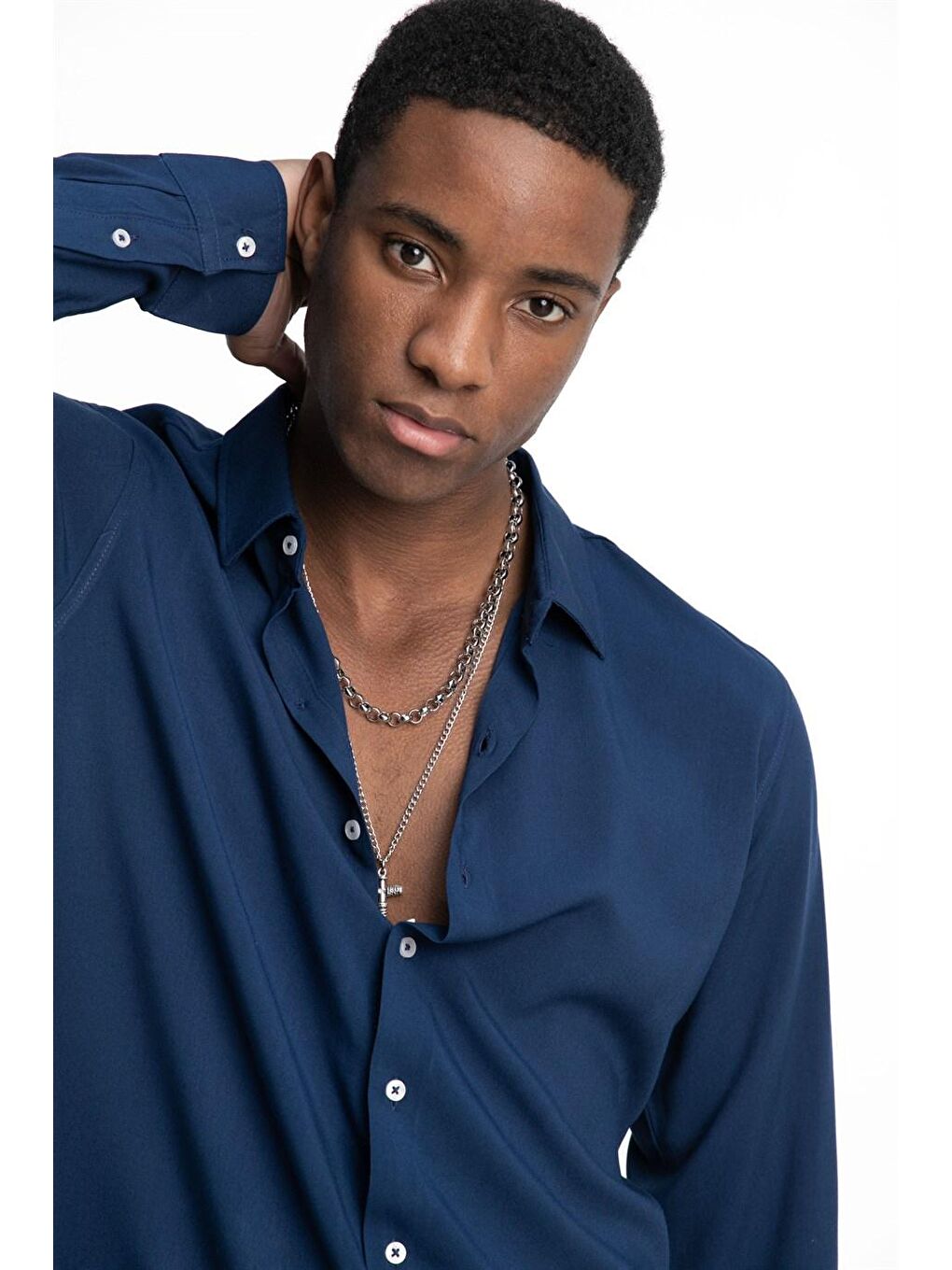 Lacivert Slim Fit Dar Kesim Uzun Kol Dökümlü Viskon Şık Erkek Gömlek