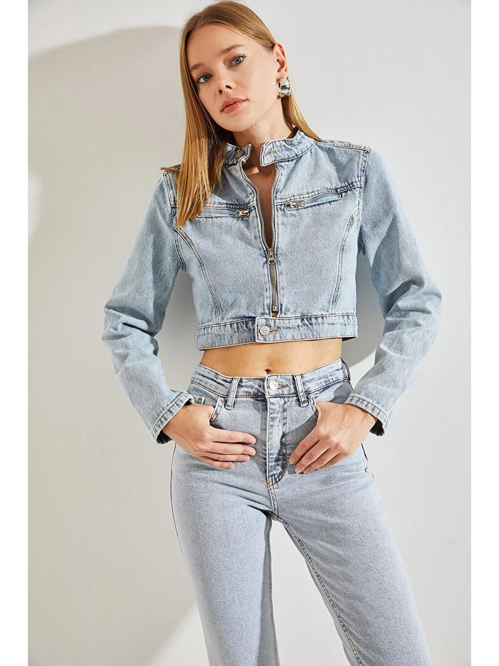 Mavi Kadın Hakim Yaka Cepleri Fermuarlı Denim Ceket