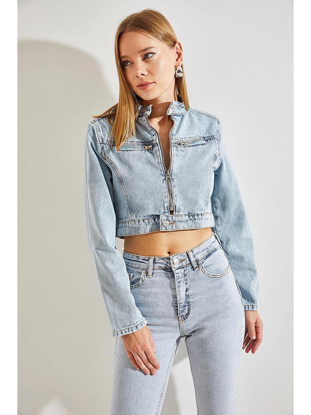 Mavi Kadın Hakim Yaka Cepleri Fermuarlı Denim Ceket-1