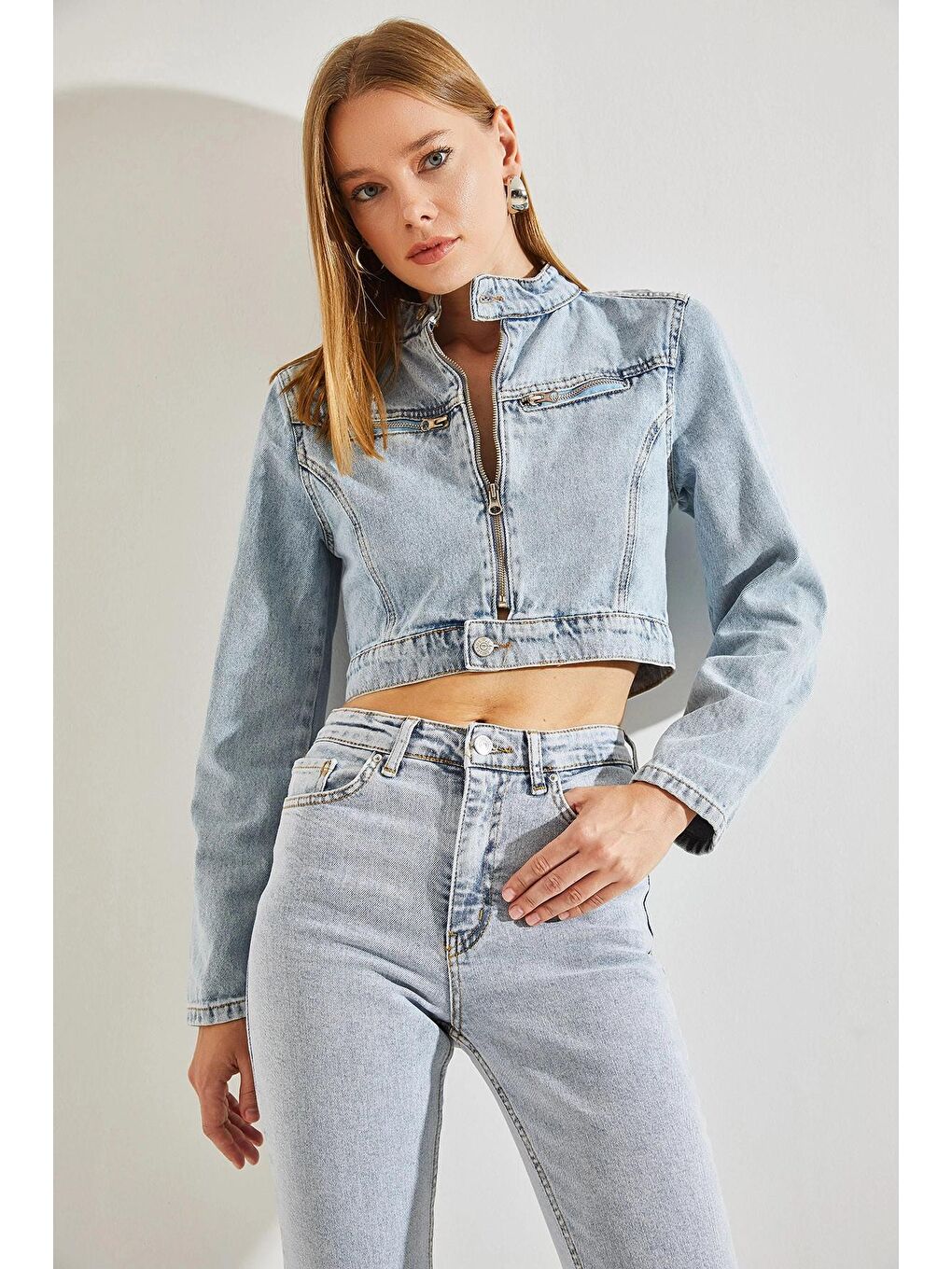 Mavi Kadın Hakim Yaka Cepleri Fermuarlı Denim Ceket-3