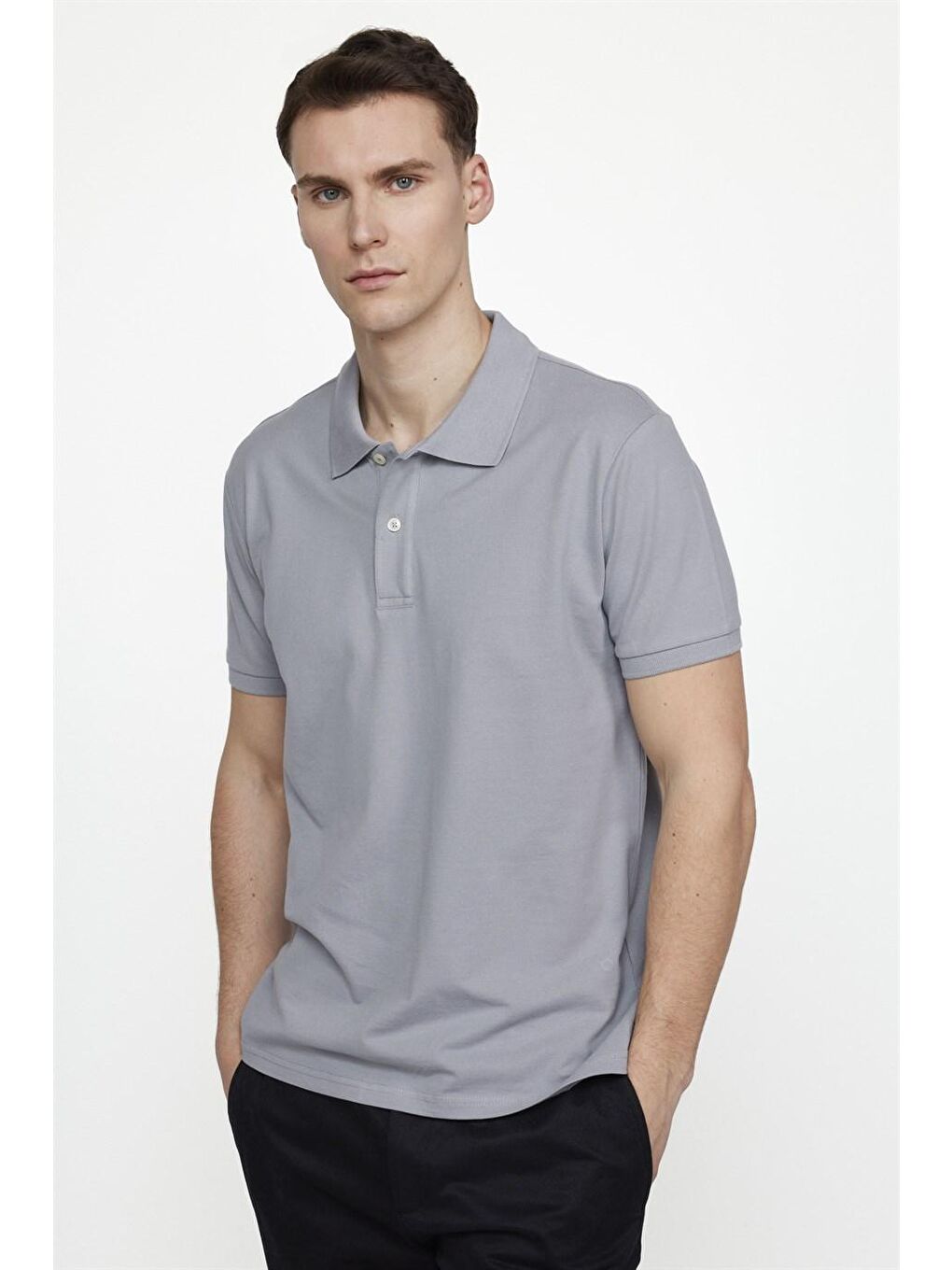 Erkek Slim Fit Dar Kesim %100 Pamuk Düz Pike Gri Polo Yaka Tişört