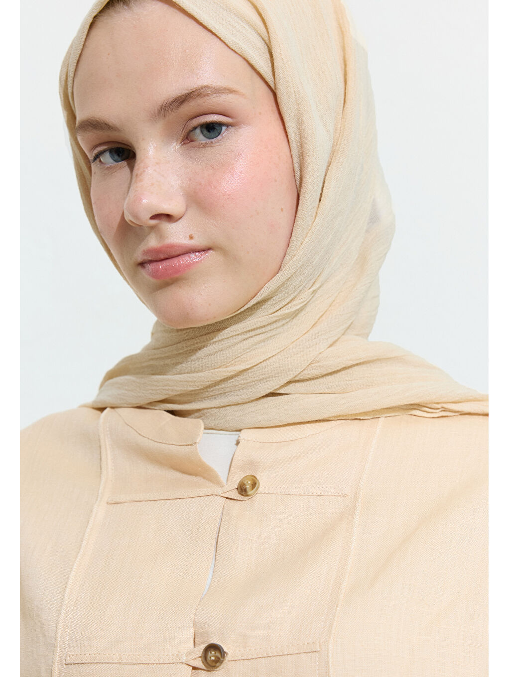 Bej Oat Mılk Latte Pamuklu Keten Şal-3