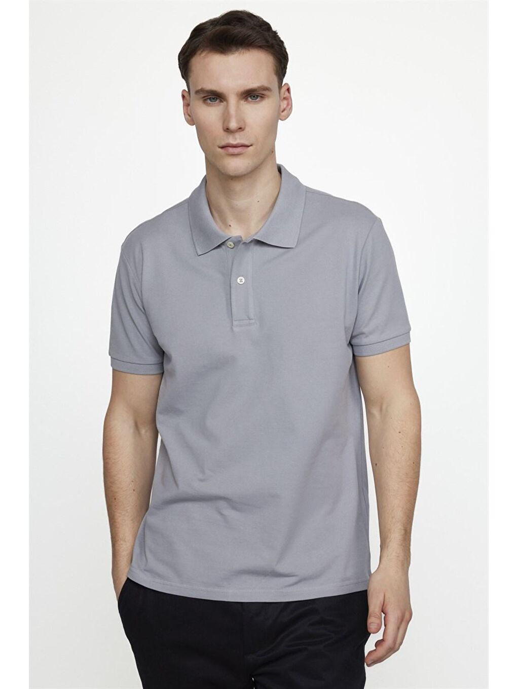 Erkek Slim Fit Dar Kesim %100 Pamuk Düz Pike Gri Polo Yaka Tişört-1