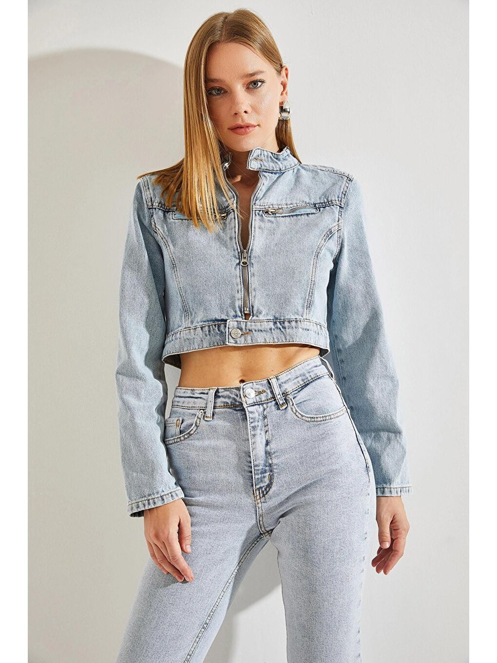 Mavi Kadın Hakim Yaka Cepleri Fermuarlı Denim Ceket-4