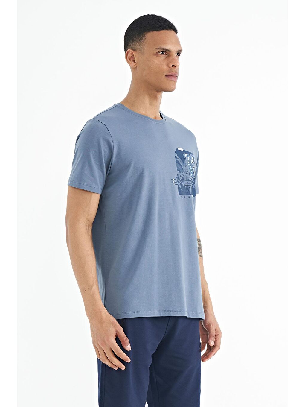 Petrol Ön Arka Baskı Detaylı Standart Form Erkek Tişört - 88233-2