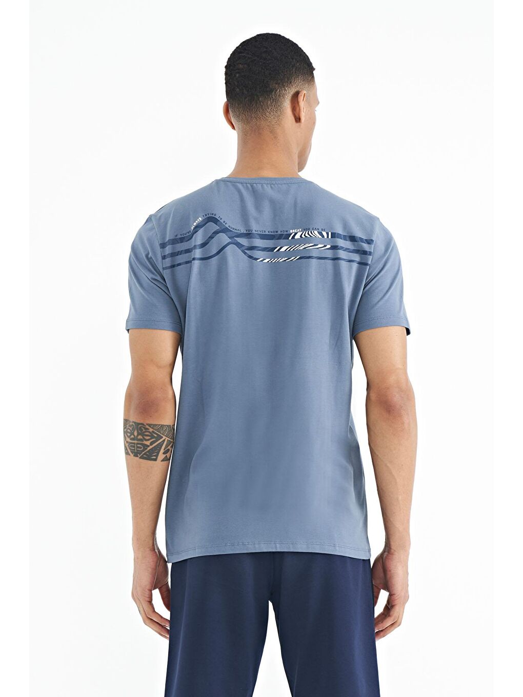 Petrol Ön Arka Baskı Detaylı Standart Form Erkek Tişört - 88233-4