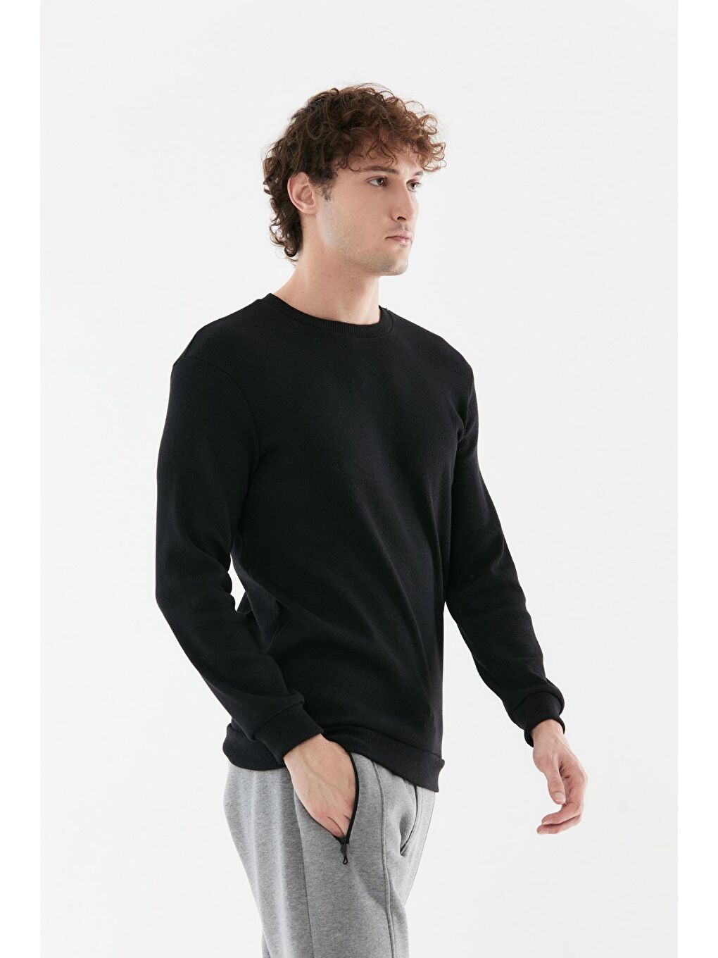 Siyah Basic Fitilli Bisiklet Yaka Sweatshirt-2