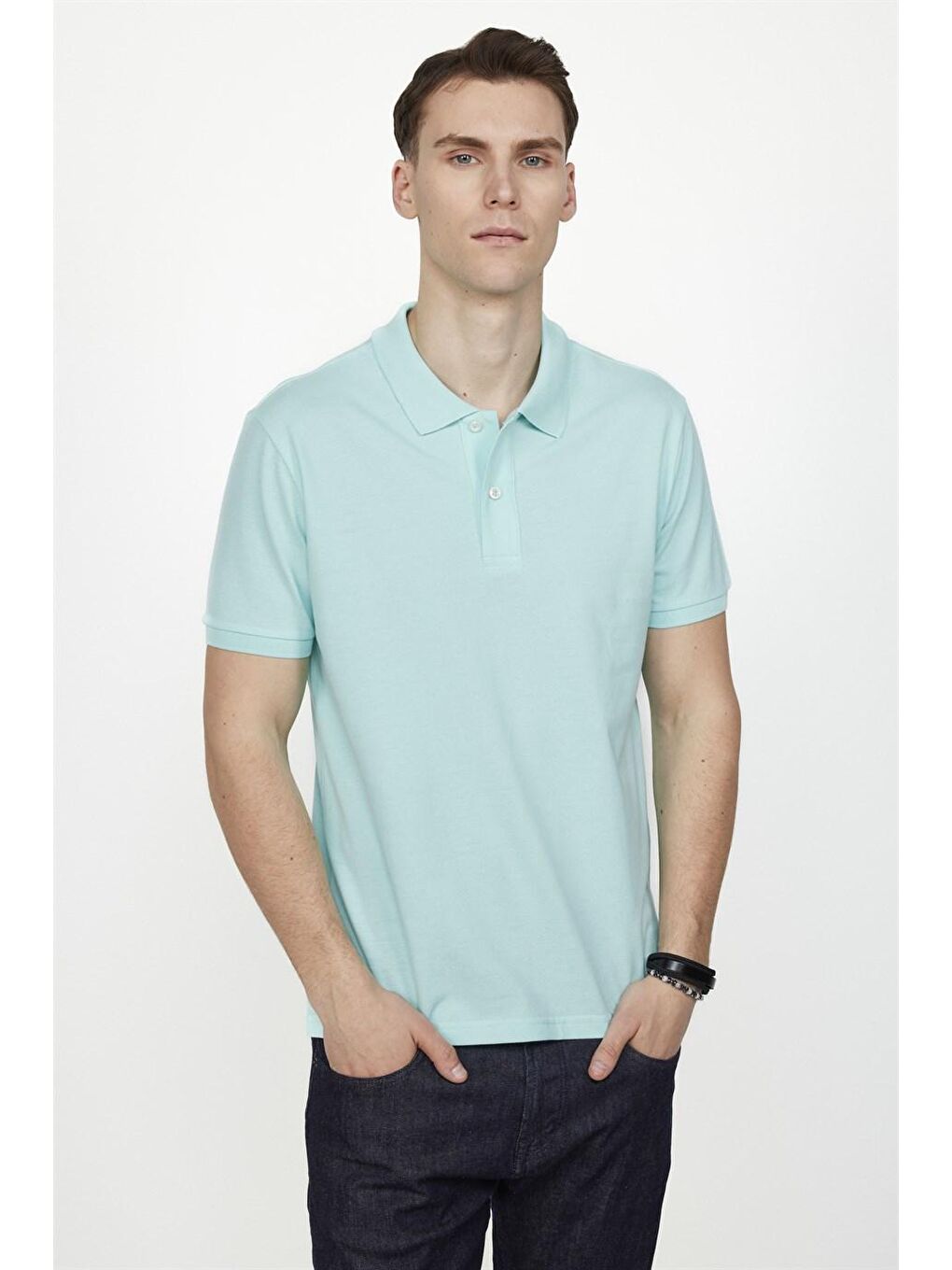 Mavi Erkek Polo Yaka Slim Fit Düz Pamuk Pike Turkuaz Tişört