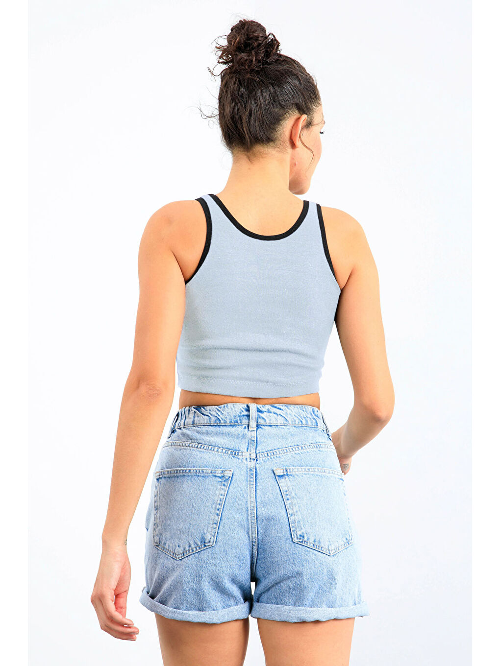 Gök Mavi Basic Sıfır Kol Dar Kalıp U Yaka Kadın Crop Top Atlet - 97162-2