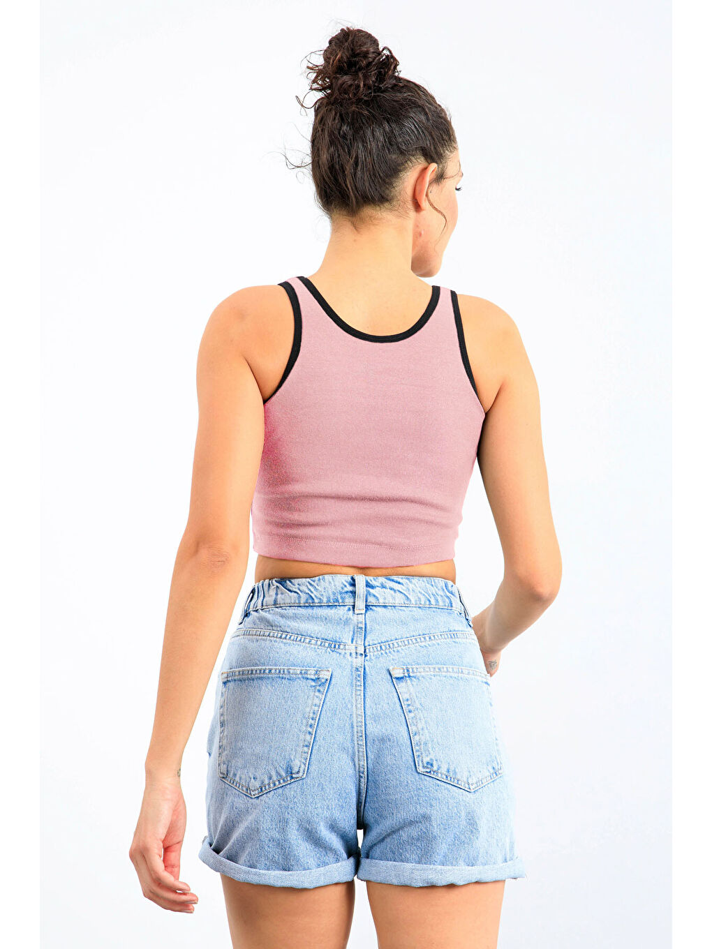 Pembe Pudra Basic Sıfır Kol Dar Kalıp U Yaka Kadın Crop Top Atlet - 97162-4