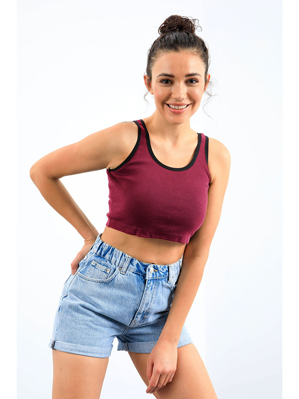 Bordo Basic Sıfır Kol Dar Kalıp U Yaka Kadın Crop Top Atlet - 97162-1