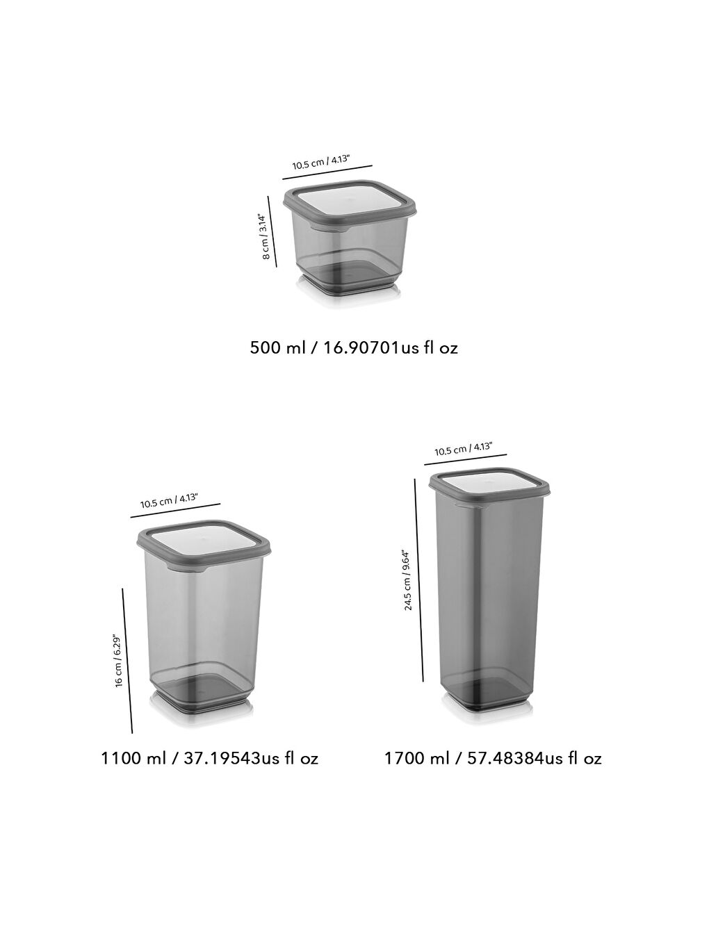 Meleni Home Antrasit 24'lü Set Kapaklı Kare Erzak Saklama Kabı Antrasit 8x(0,50 Lt-1,10 Lt -1,70 Lt) ETİKETLİ - 4