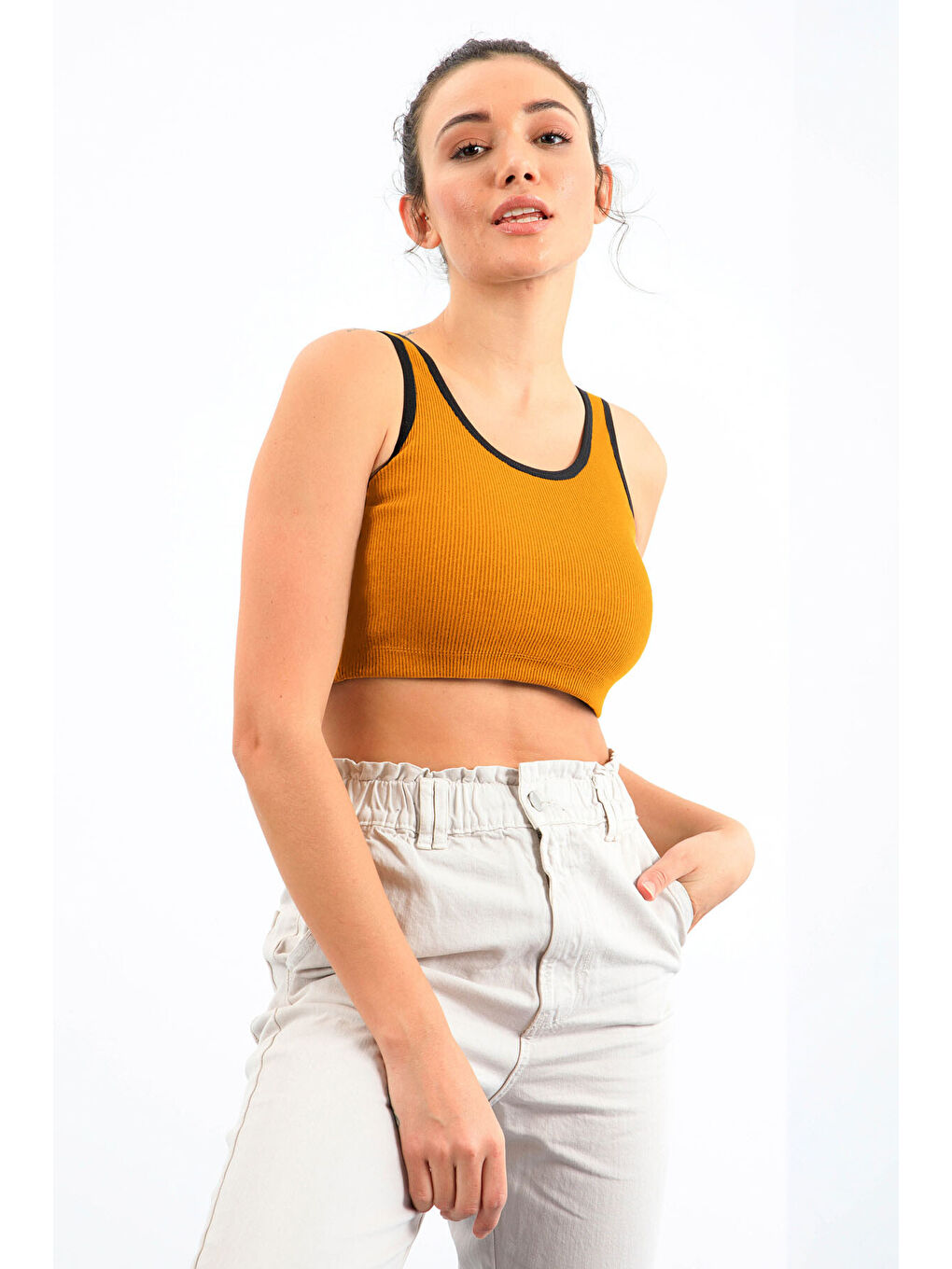 Sarı Hardal Basic Sıfır Kol Dar Kalıp U Yaka Kadın Crop Top Atlet - 97160