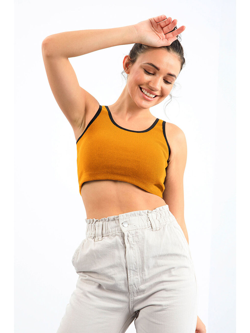 Sarı Hardal Basic Sıfır Kol Dar Kalıp U Yaka Kadın Crop Top Atlet - 97160-2