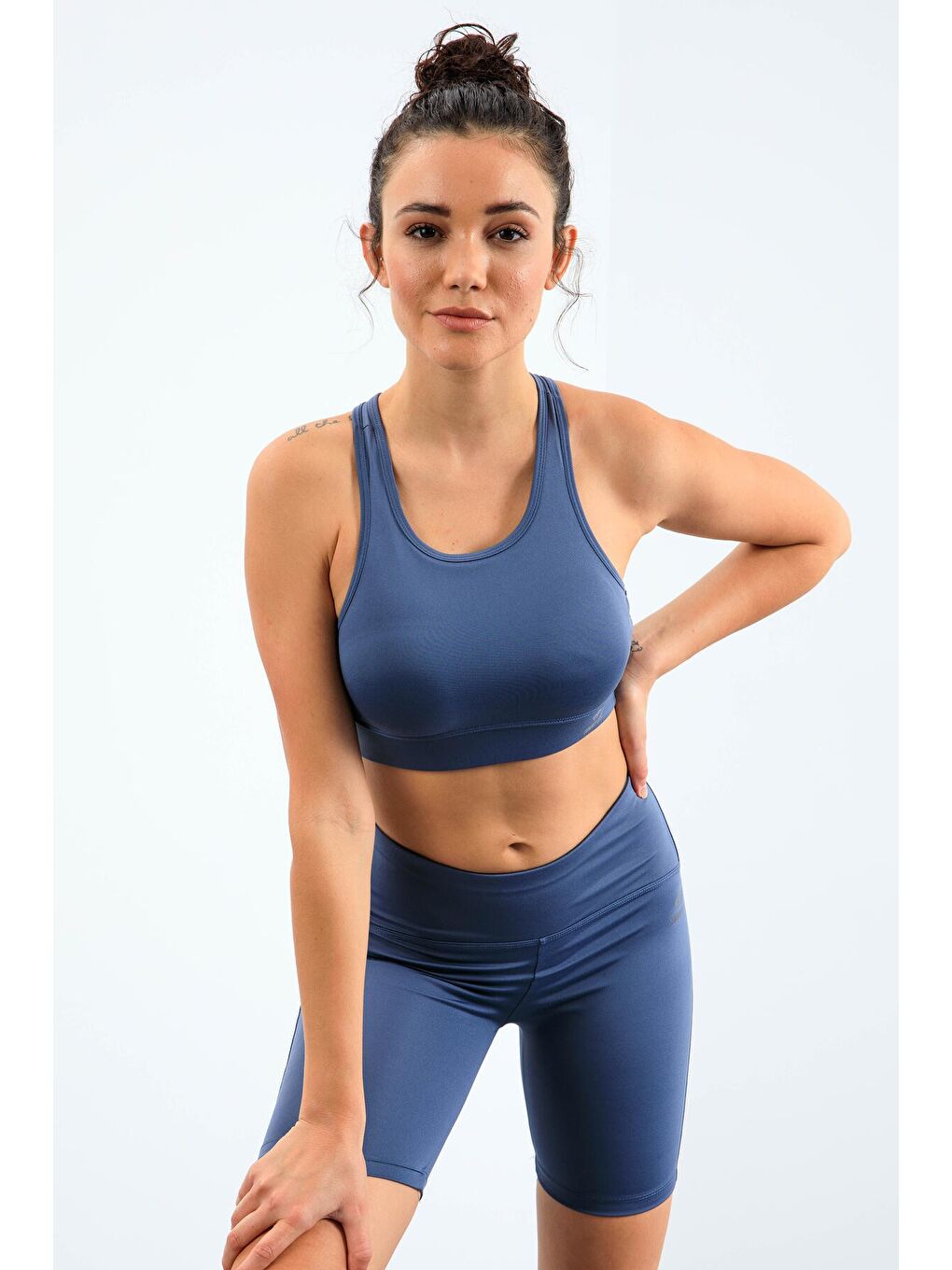 Petrol Yüksek Bel Toparlayıcı Slim Fit Büstiyer Biker Kadın Tayt Takım - 95303-3