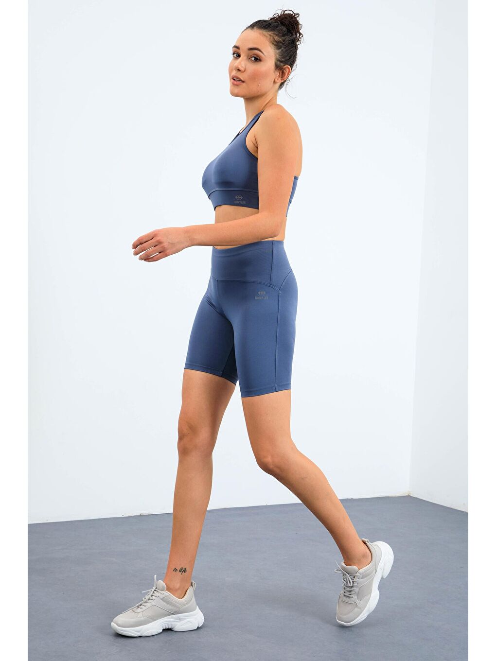 Petrol Yüksek Bel Toparlayıcı Slim Fit Büstiyer Biker Kadın Tayt Takım - 95303-4