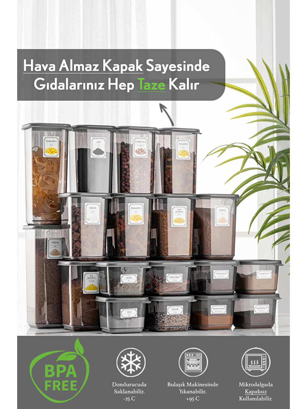 Meleni Home Antrasit 24'lü Set Kapaklı Kare Erzak Saklama Kabı Antrasit 8x(0,50 Lt-1,10 Lt -1,70 Lt) ETİKETLİ - 1