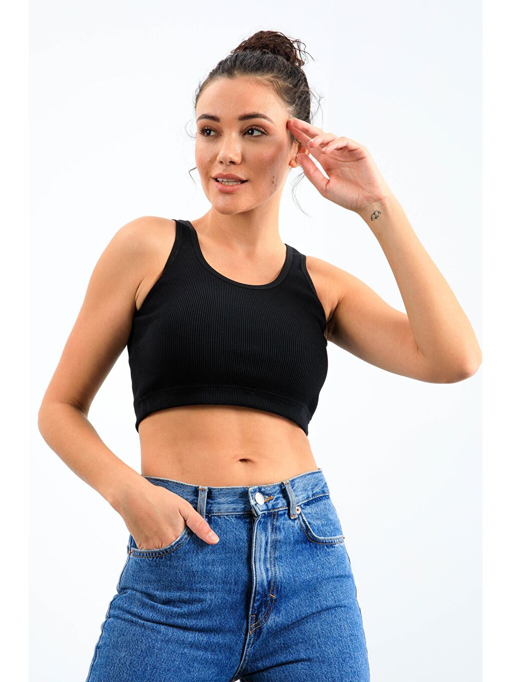 Lacivert Basic Sıfır Kol Dar Kalıp U Yaka Kadın Crop Top Atlet - 97160-4