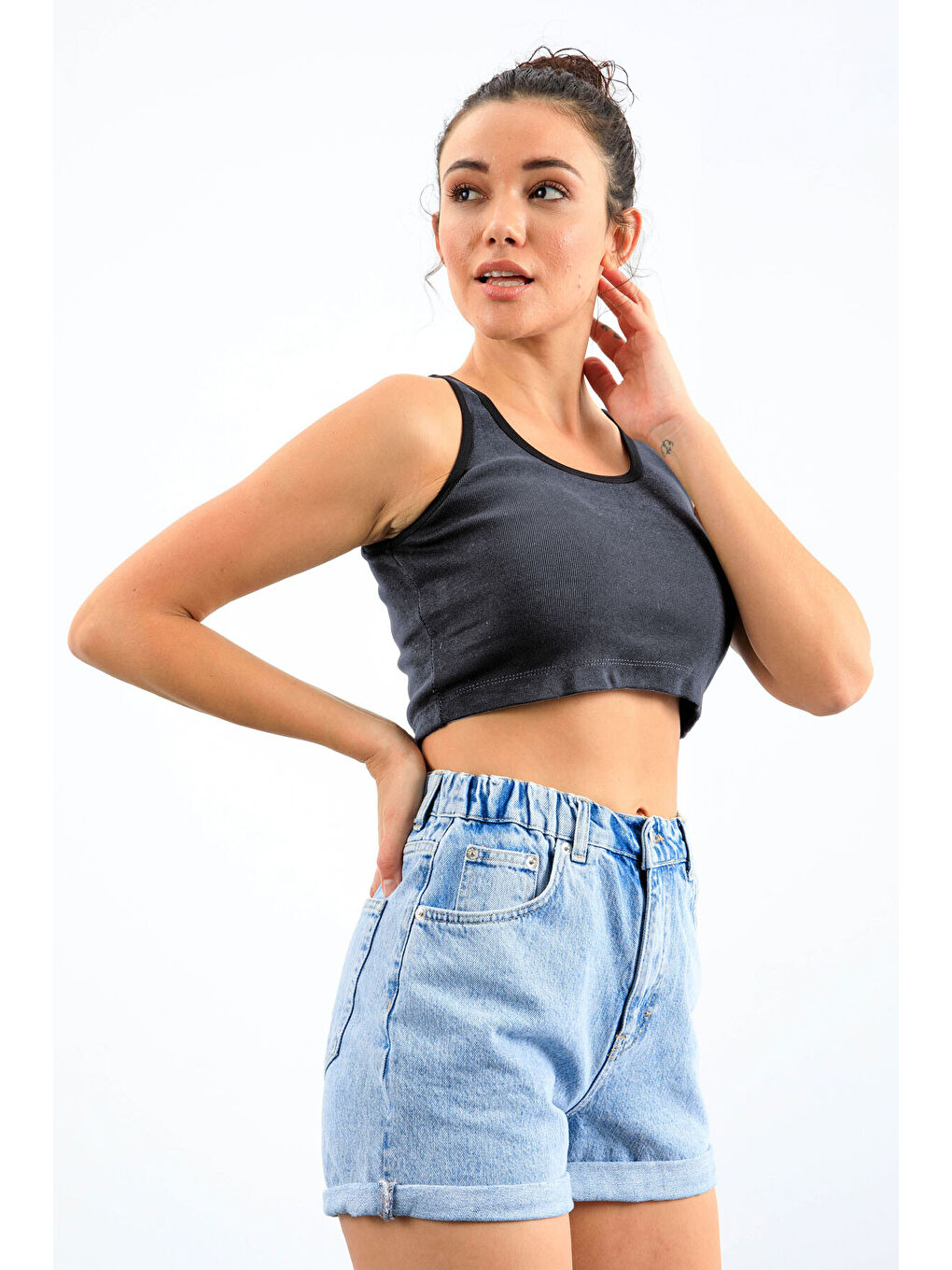 Lacivert Melanj Basic Sıfır Kol Dar Kalıp U Yaka Kadın Crop Top Atlet - 97162-1