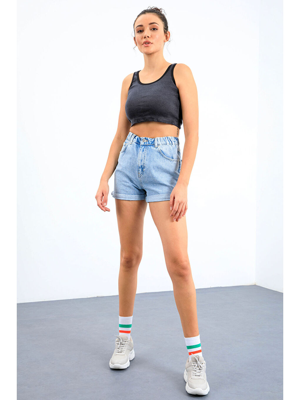 Lacivert Melanj Basic Sıfır Kol Dar Kalıp U Yaka Kadın Crop Top Atlet - 97162-2