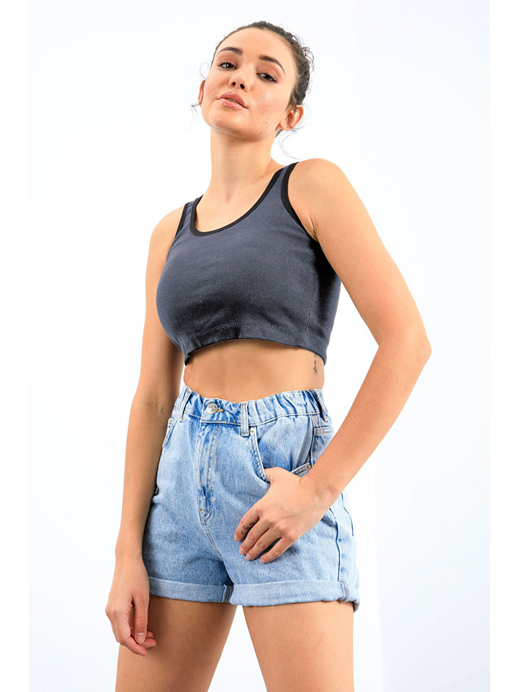 Lacivert Melanj Basic Sıfır Kol Dar Kalıp U Yaka Kadın Crop Top Atlet - 97162-3
