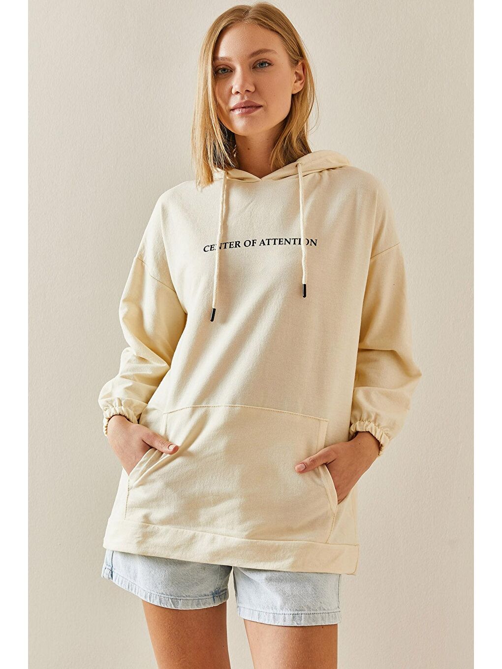 XHAN Ekru Krem Rengi Kanguru Cepli Kapüşonlü Sweatshirt 3YXK8-47460-22 - 1