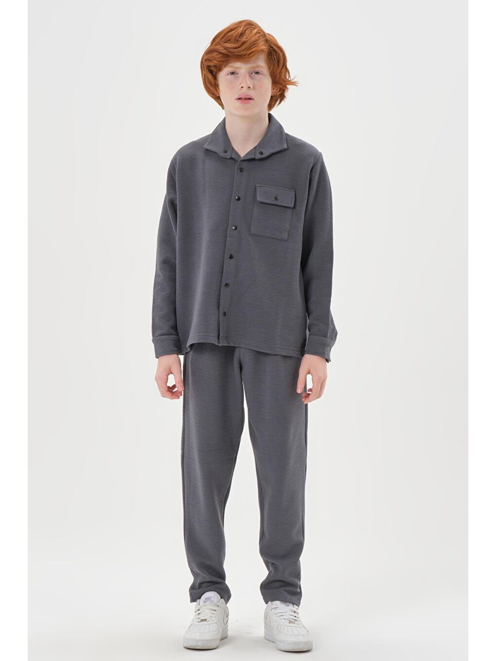 Gri Jakarlı Kibrit Desen Düğme Detaylı  Alt Üst Takım