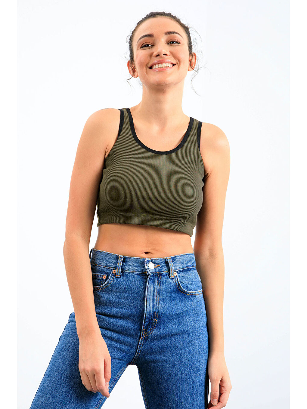Haki Basic Sıfır Kol Dar Kalıp U Yaka Kadın Crop Top Atlet - 97160-4