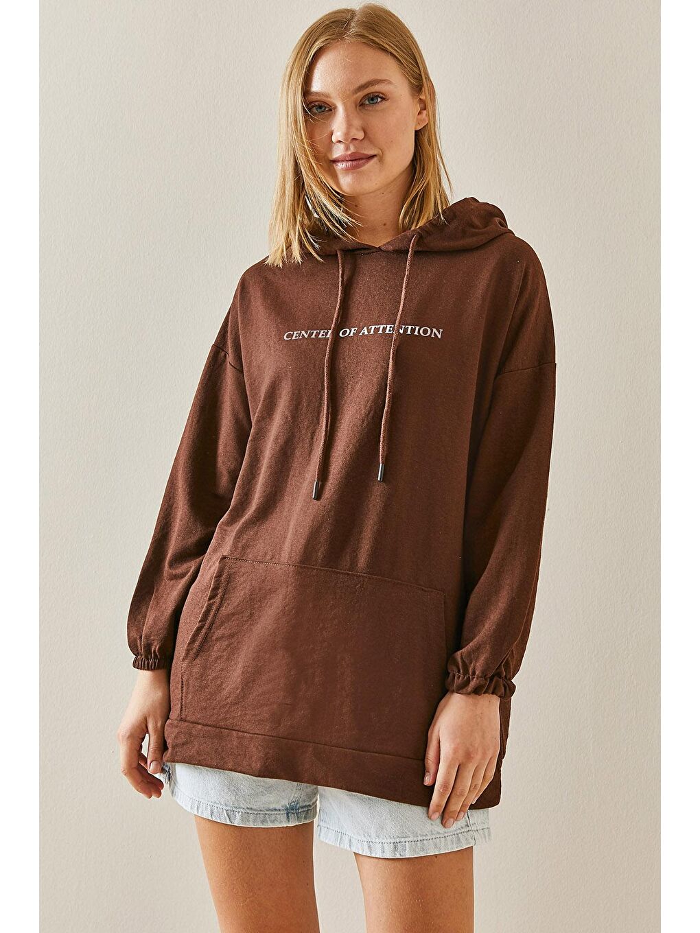 XHAN Kahverengi Kanguru Cepli Kapüşonlü Sweatshirt 3YXK8-47460-18 - 2