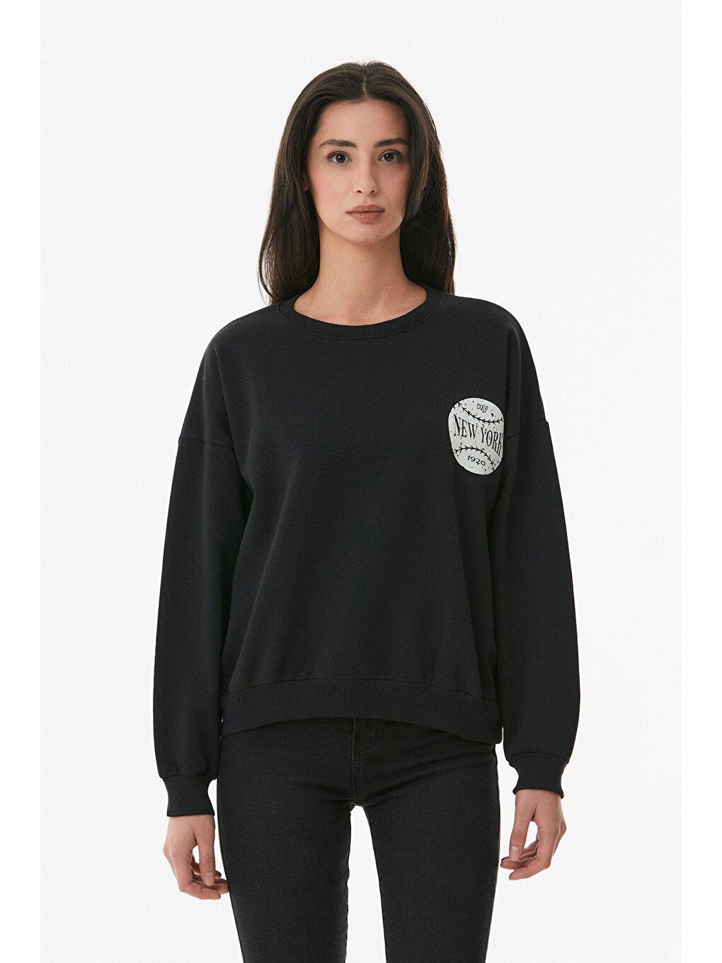 Fullamoda Siyah New York Baskılı Sweatshirt