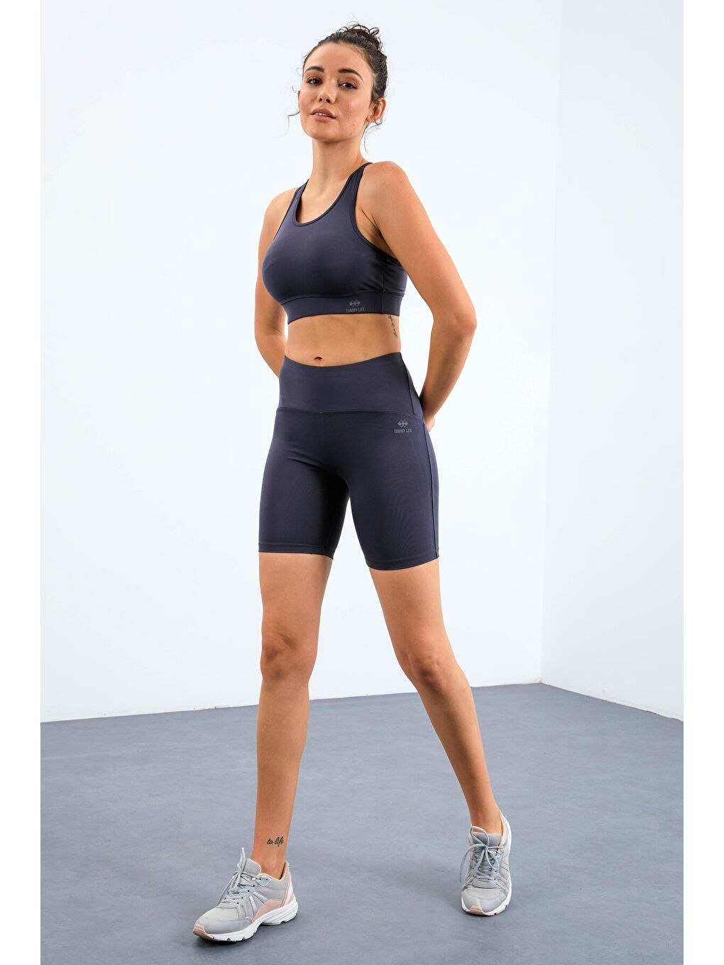 Antrasit Yüksek Bel Toparlayıcı Slim Fit Büstiyer Biker Kadın Tayt Takım - 95303-1