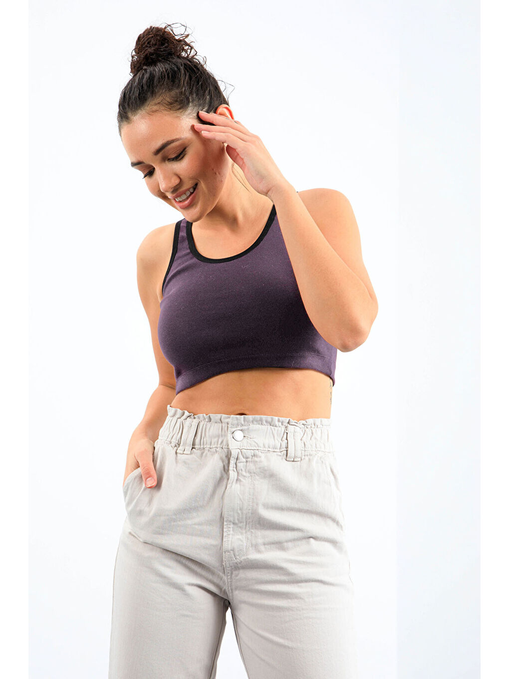 Açık Mor Basic Sıfır Kol Dar Kalıp U Yaka Kadın Crop Top Atlet - 97162-1