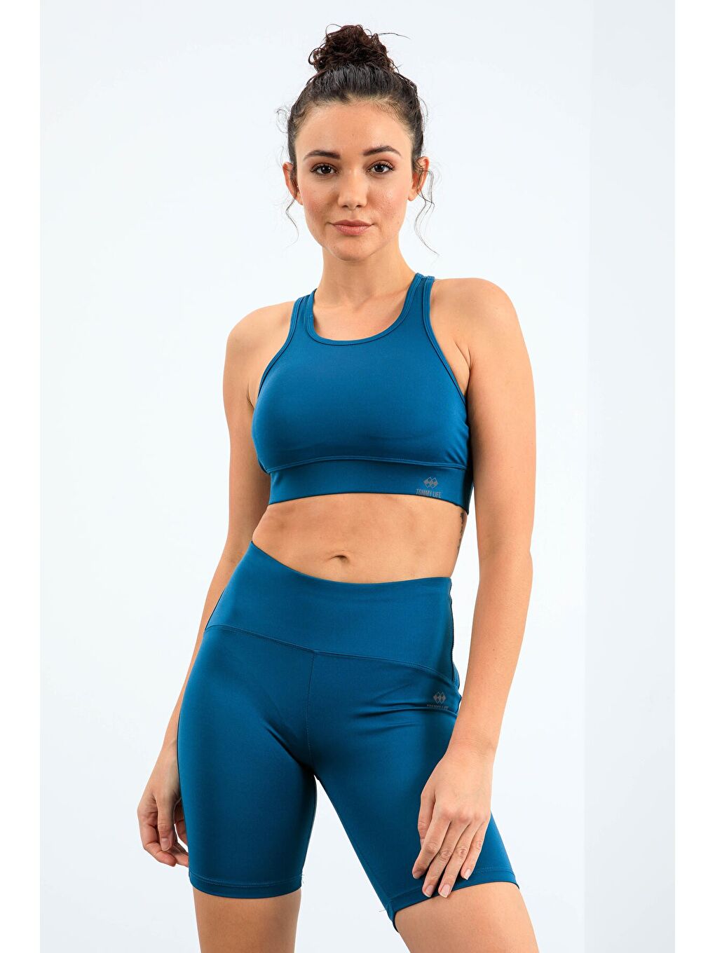 Yeşil Zümrüt Yüksek Bel Toparlayıcı Slim Fit Büstiyer Biker Kadın Tayt Takım - 95303