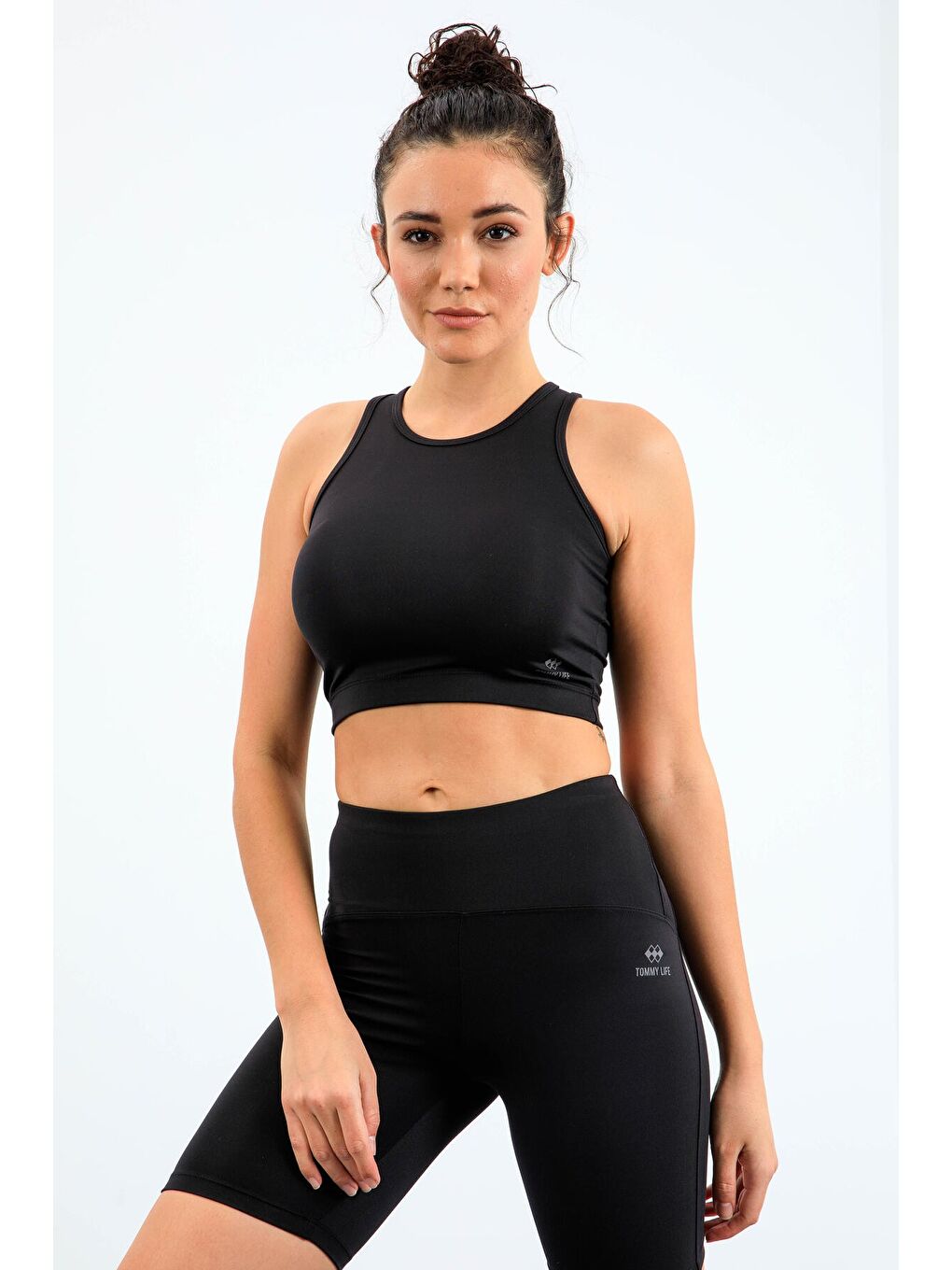 Siyah Yüksek Bel Toparlayıcı Dar Kalıp Crop Biker Kadın Tayt Takım - 95302-4