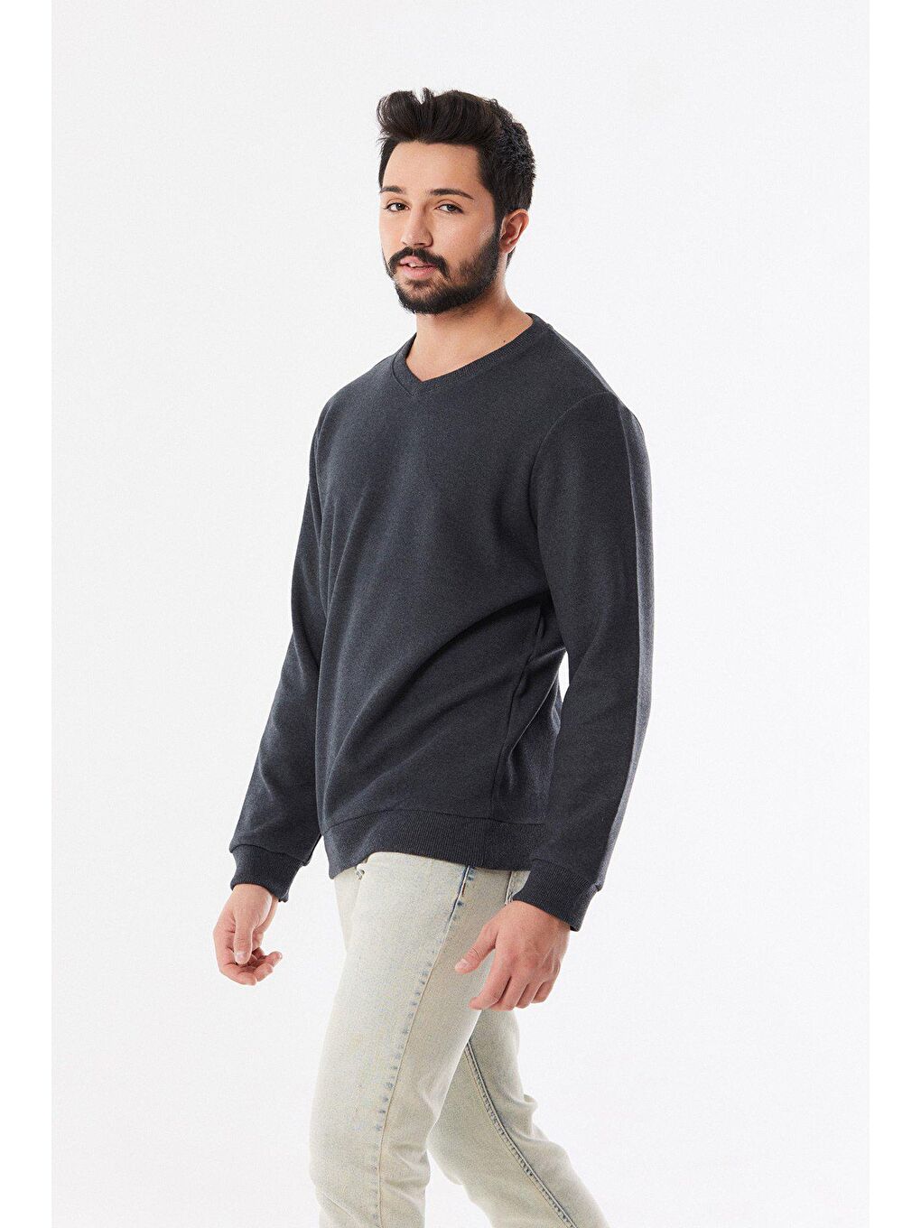 Antrasit Basic V Yaka Sweatshirt