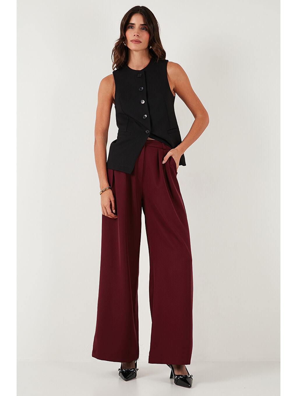 Bordo Pile Detaylı Wide Leg Yüksek Bel Geniş Paça Pantolon 6522016