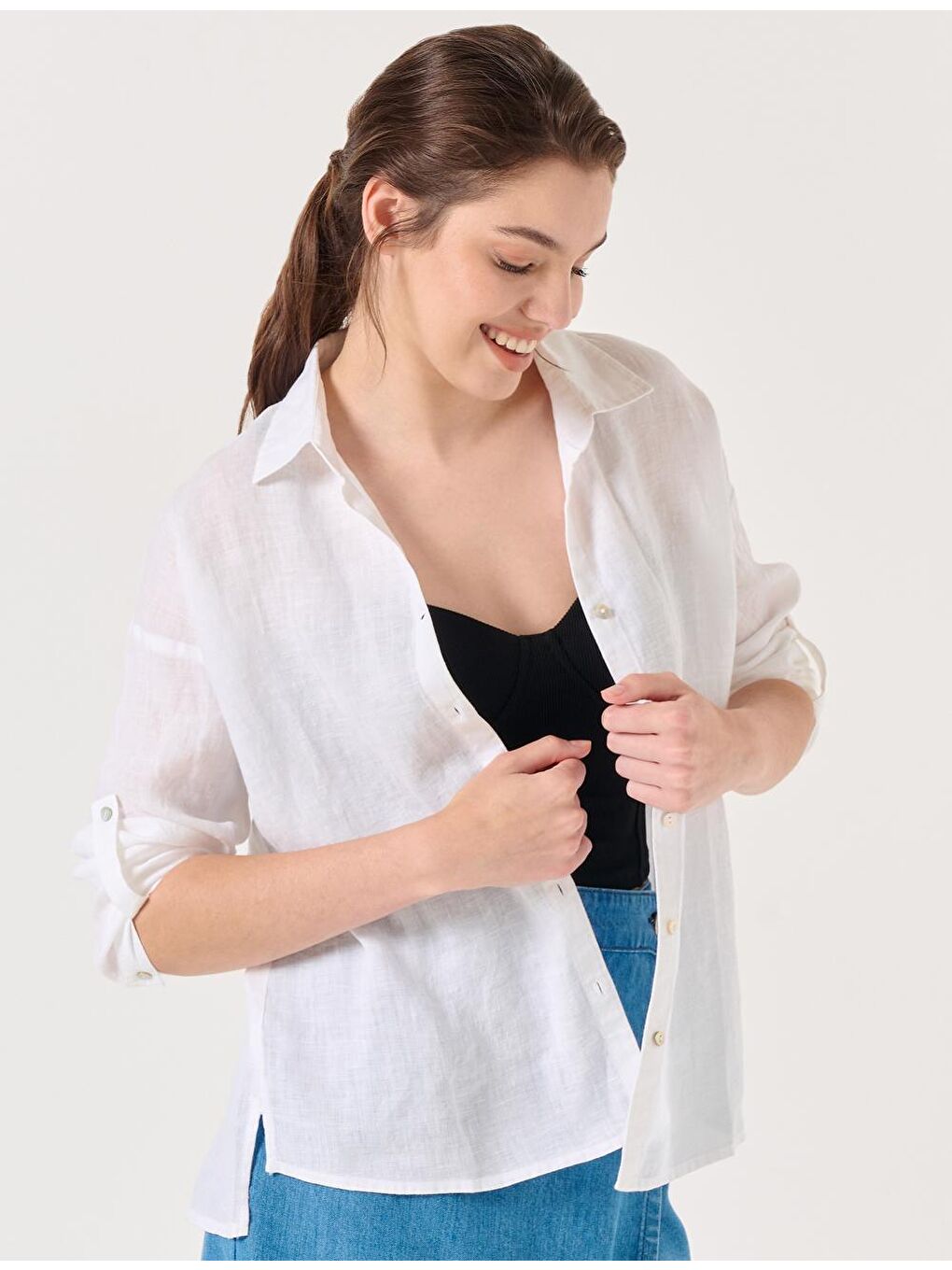 Beyaz Düz Kesim Gömlek Yaka Uzun Kollu Basic Keten Gömlek