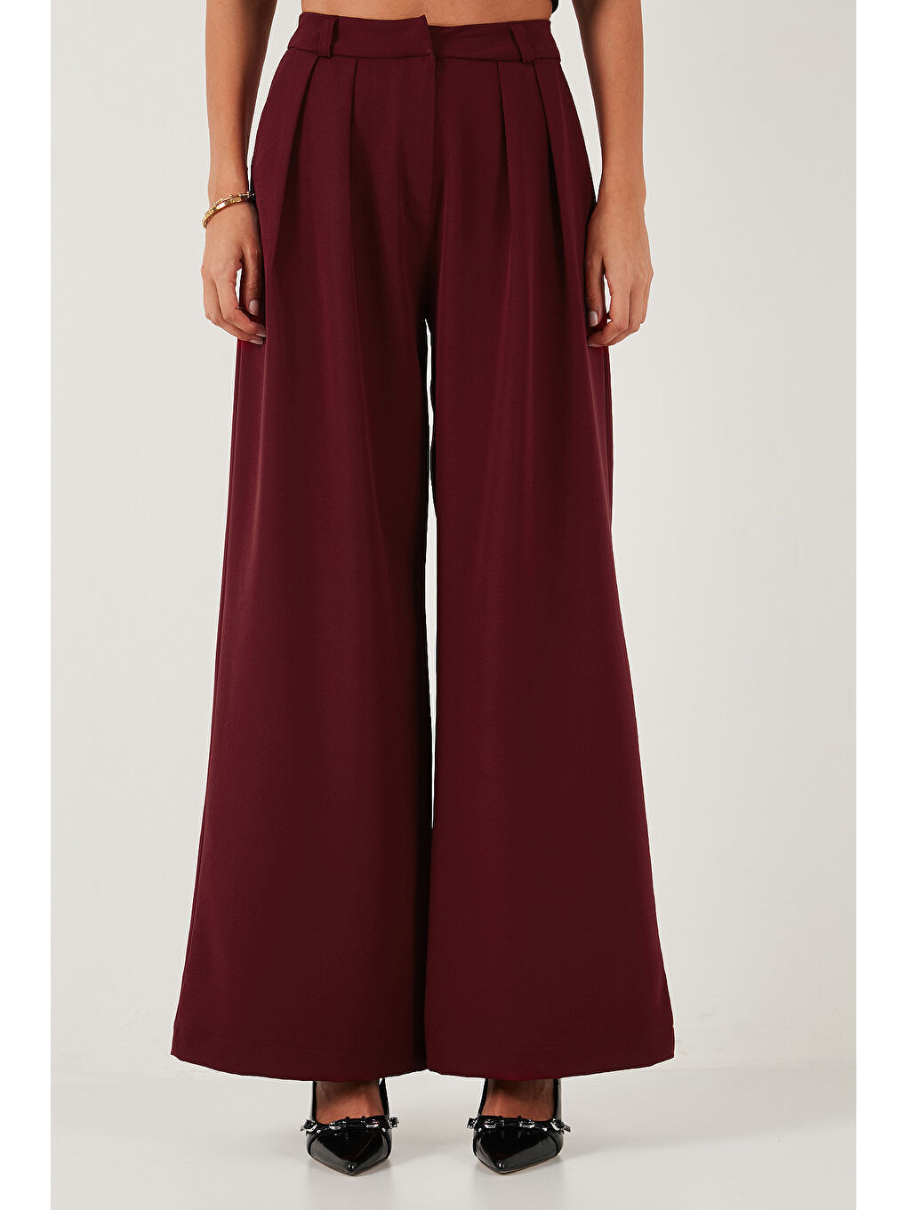 Bordo Pile Detaylı Wide Leg Yüksek Bel Geniş Paça Pantolon 6522016-2