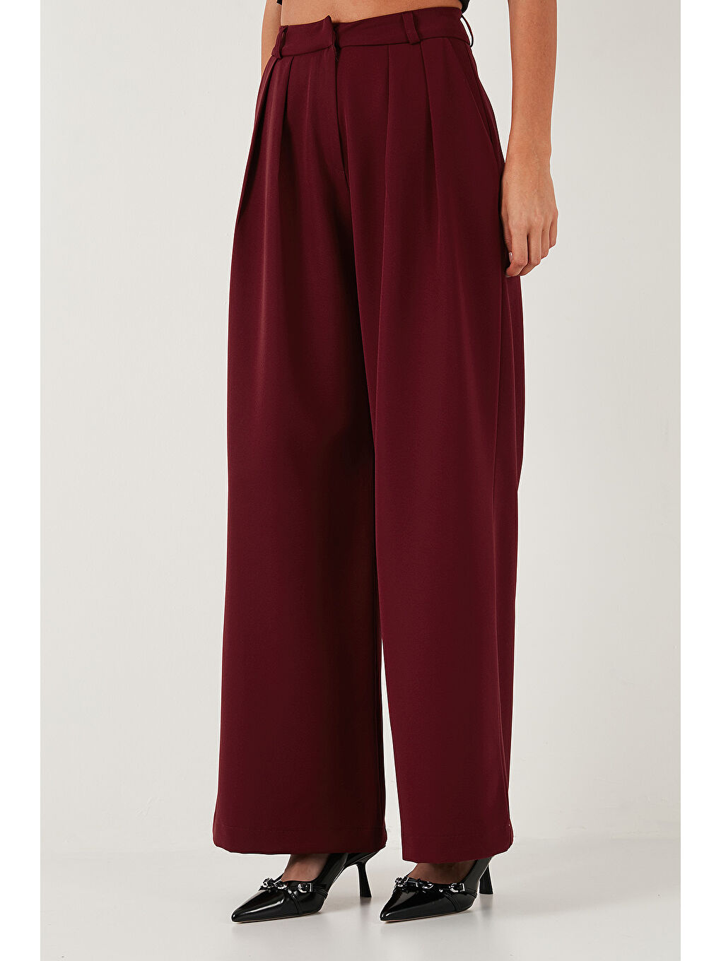 Bordo Pile Detaylı Wide Leg Yüksek Bel Geniş Paça Pantolon 6522016-3