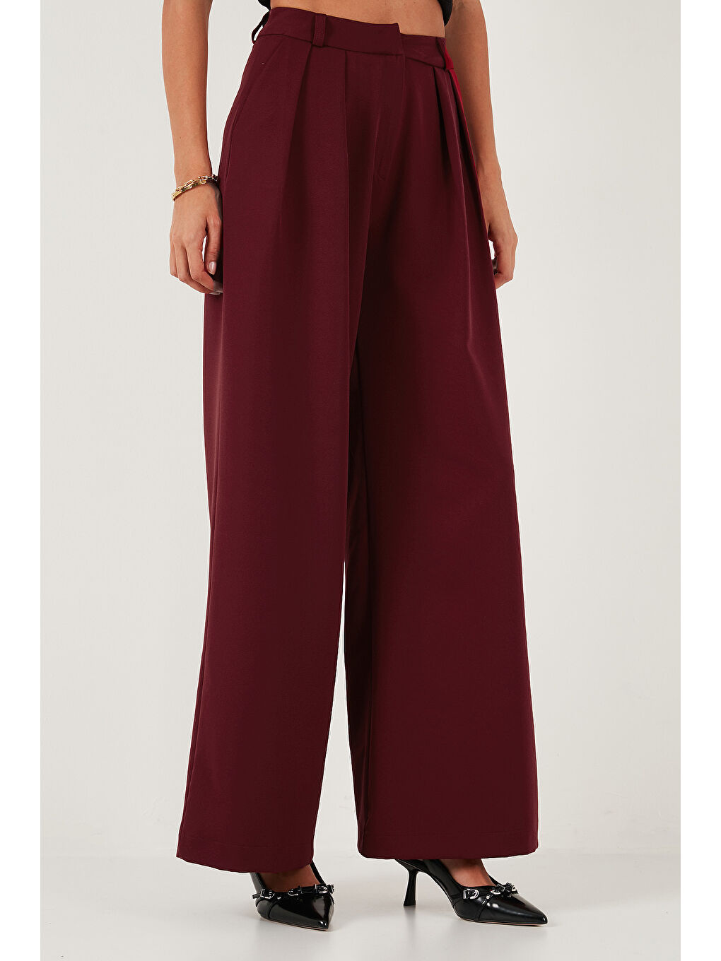 Bordo Pile Detaylı Wide Leg Yüksek Bel Geniş Paça Pantolon 6522016-4