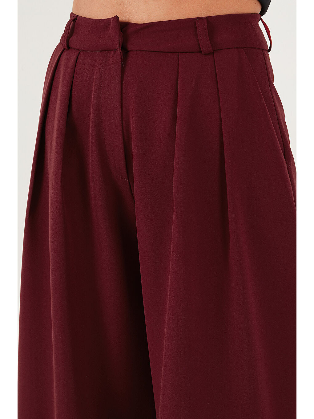 Bordo Pile Detaylı Wide Leg Yüksek Bel Geniş Paça Pantolon 6522016-5