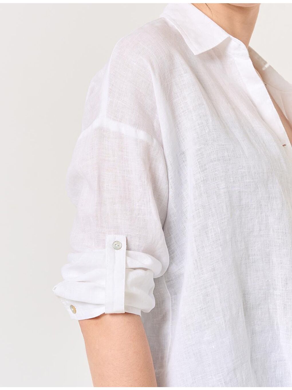 Beyaz Düz Kesim Gömlek Yaka Uzun Kollu Basic Keten Gömlek-1