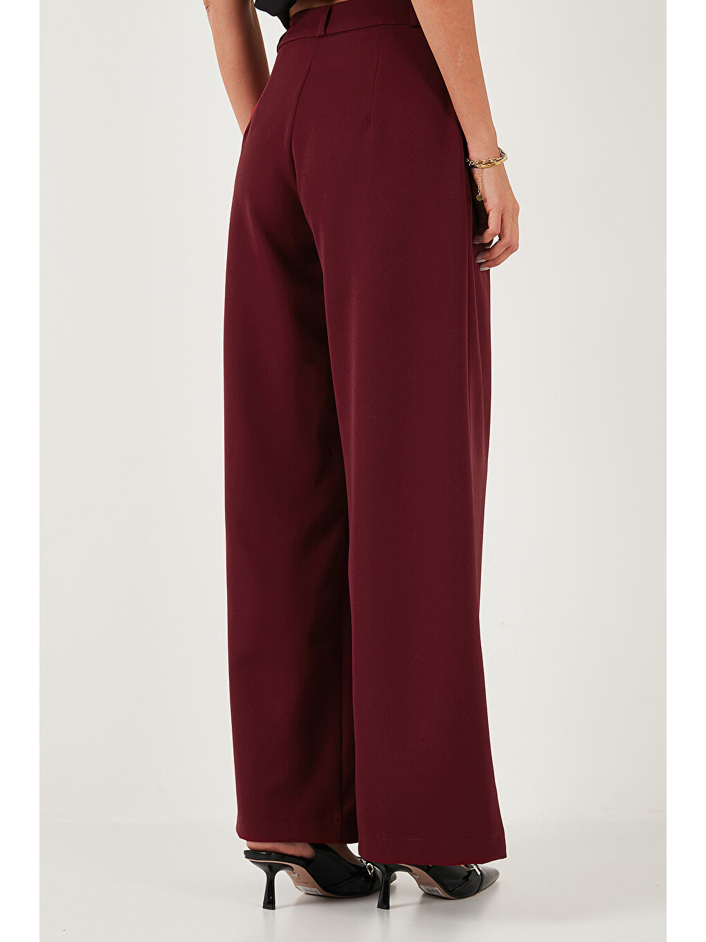 Bordo Pile Detaylı Wide Leg Yüksek Bel Geniş Paça Pantolon 6522016-6